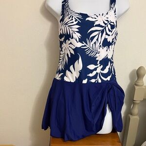 Navy and White Floral One-Piece Swimsuit skirted with side tied up.